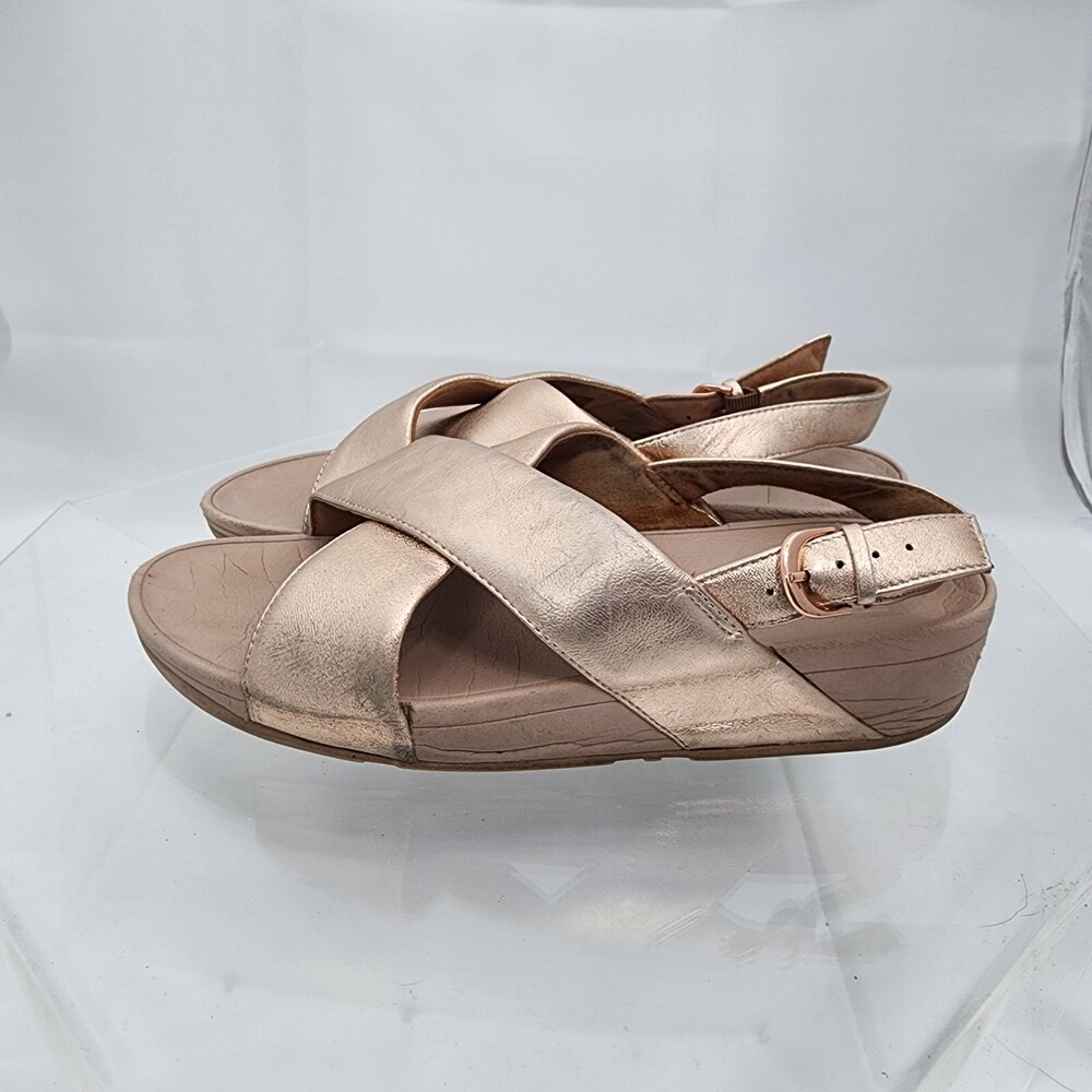 FITFLOP LULU CRISSCROSS 10 ROSE GOLD LEATHER BACK STRAP FAUX LEATHER SANDALS